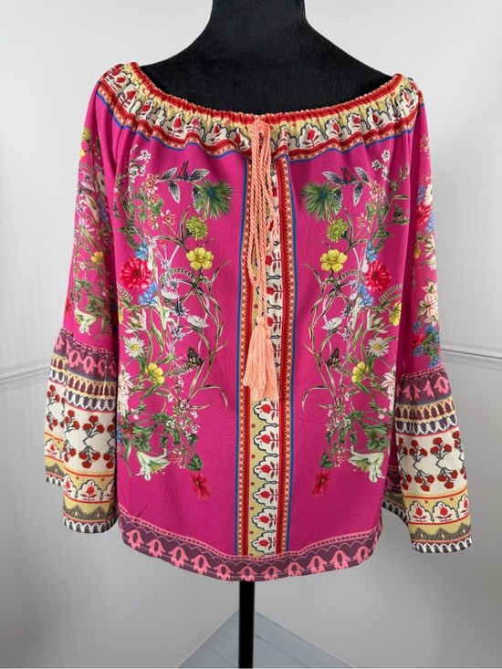 Umgee Tops - Umgee Pink Floral Boho Off Shoulder Tassel Peasant Blouse Top Size Small